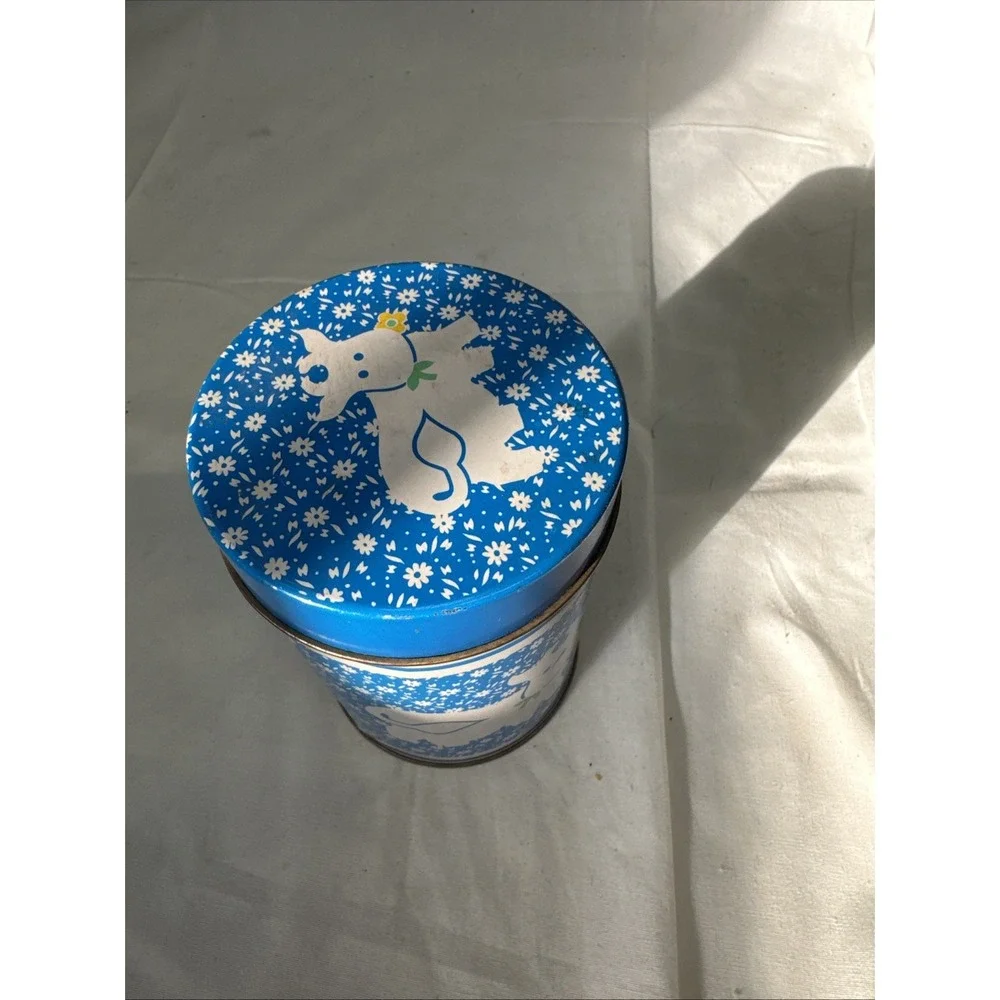 VTG Country Kitchen Tin Canister Cow Blue White Taiwan 4.25